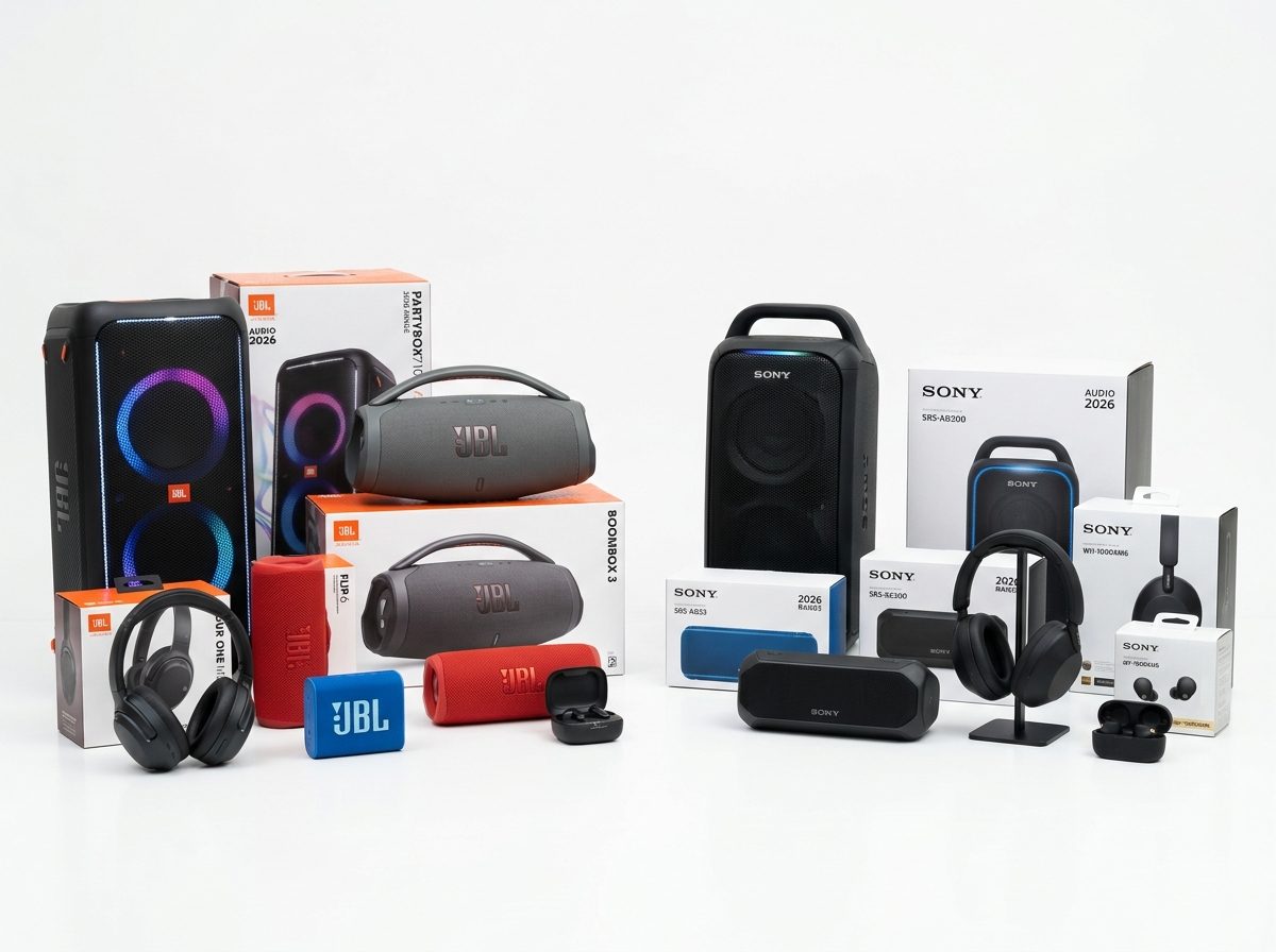 JBL and Sony headphones, earbuds and speakers