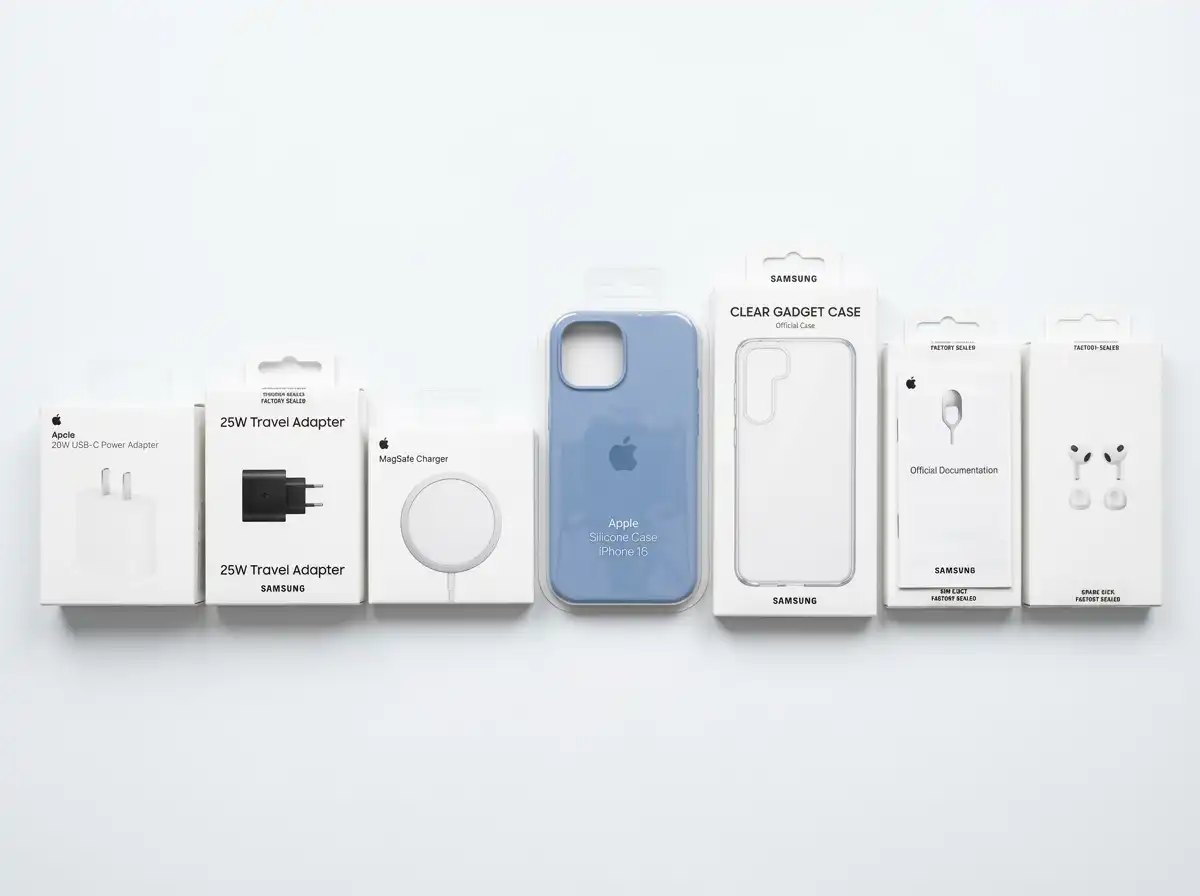 Original brand chargers, wireless charger, phone cases and earbuds in retail packaging