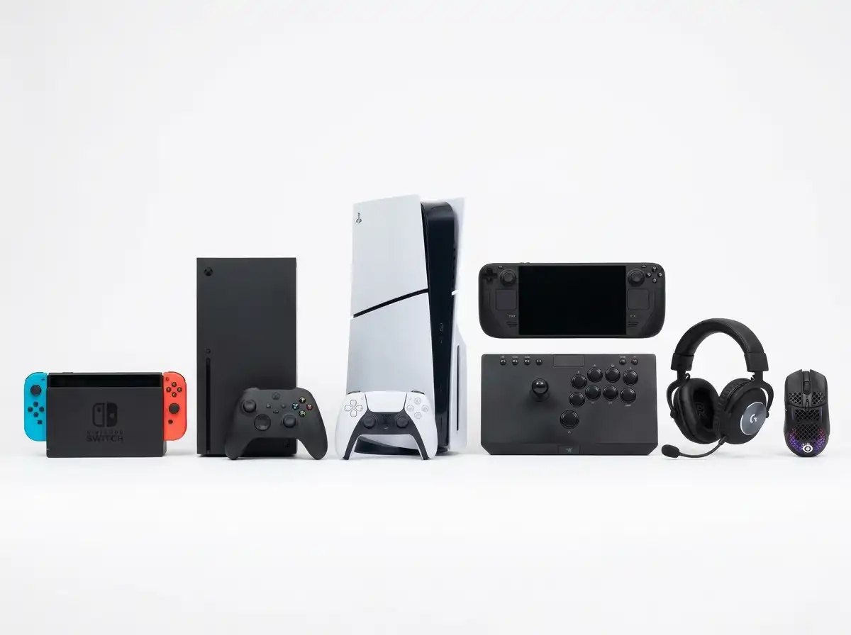 Gaming consoles, handheld, arcade stick, controllers, headset and mouse