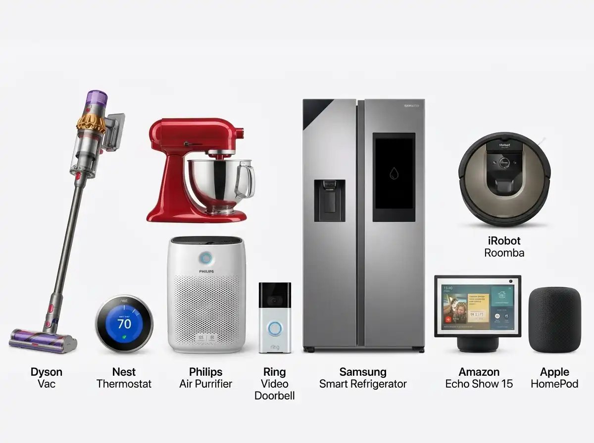 Dyson vacuum, Nest thermostat, air purifier, video doorbell, smart fridge, robot vacuum and smart speakers