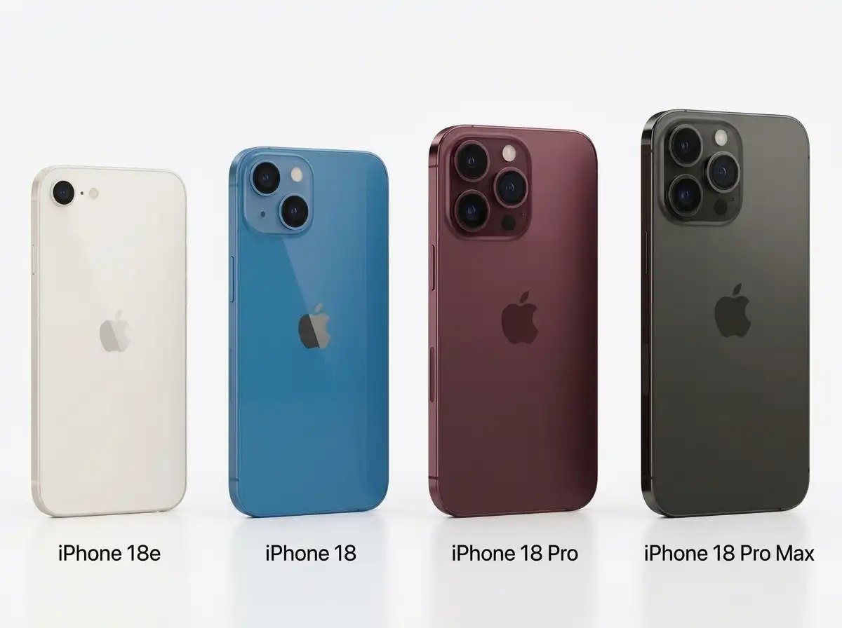 iPhone 18e, iPhone 18, iPhone 18 Pro and iPhone 18 Pro Max lined up side by side