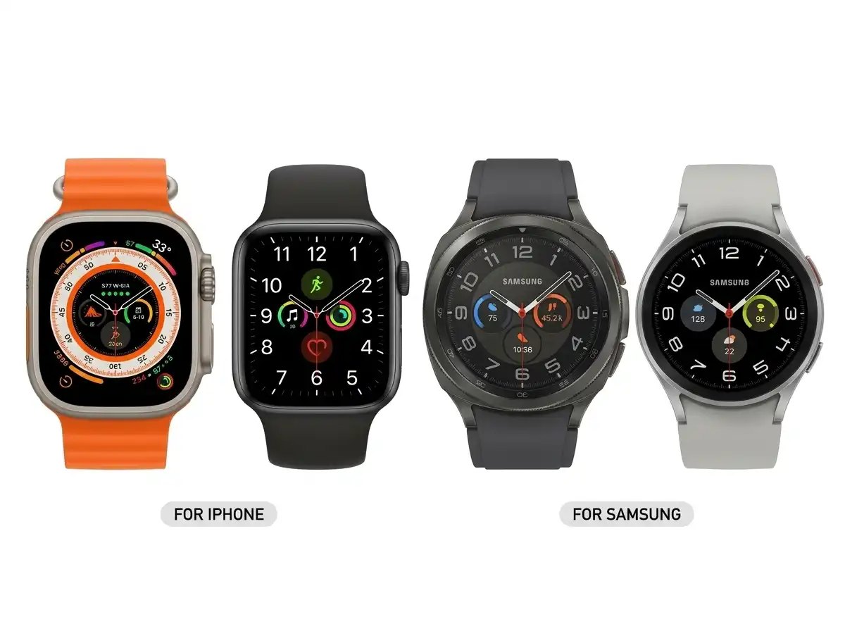 Apple Watch and Samsung Galaxy Watch smartwatches in different styles