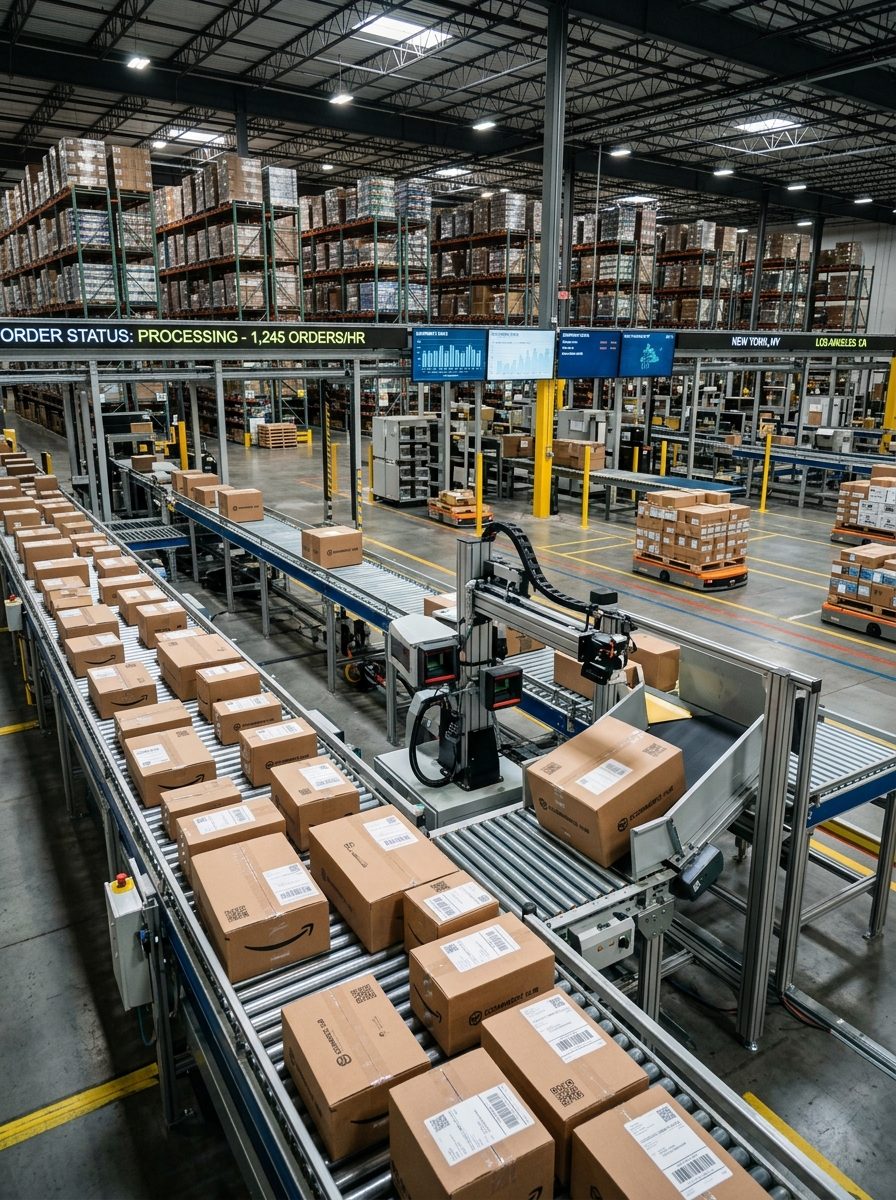 Parcels moving along a conveyor in a busy electronics distribution warehouse