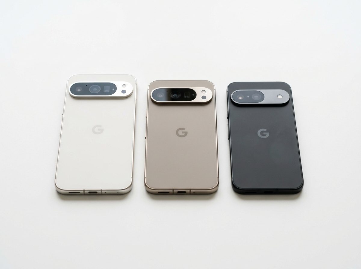 Google Pixel smartphones in three colours
