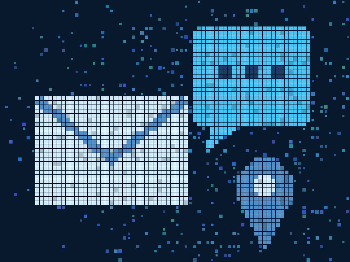 Pixel illustration of an envelope, a chat bubble and a location pin