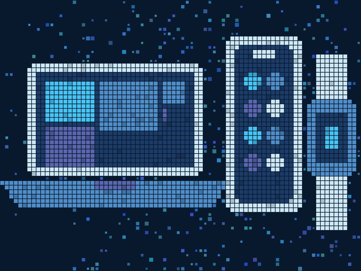 Pixel illustration of a laptop, a smartphone and a smartwatch