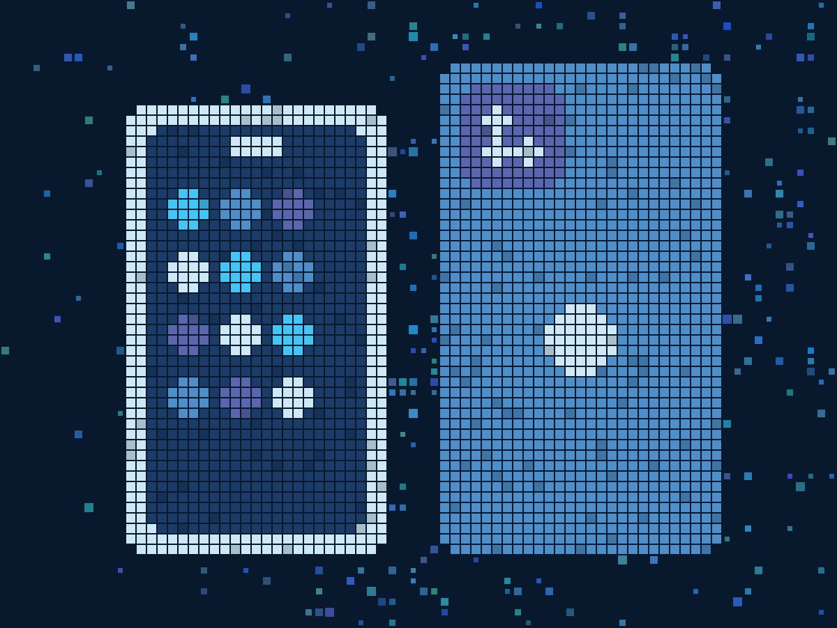 Pixel illustration of two smartphones, front and back