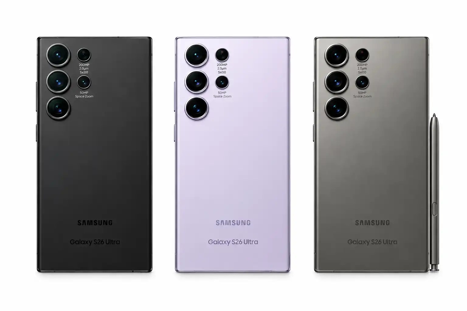 Three Galaxy S26 Ultra phones seen from the back in black, lavender and titanium grey, with an S Pen