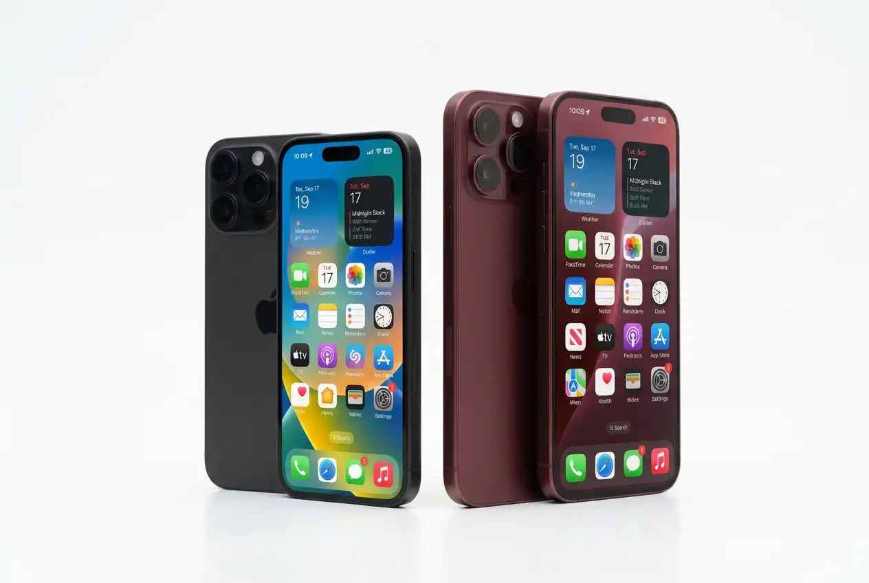 iPhone 18 Pro and iPhone 18 Pro Max standing side by side, one showing its back and one its home screen