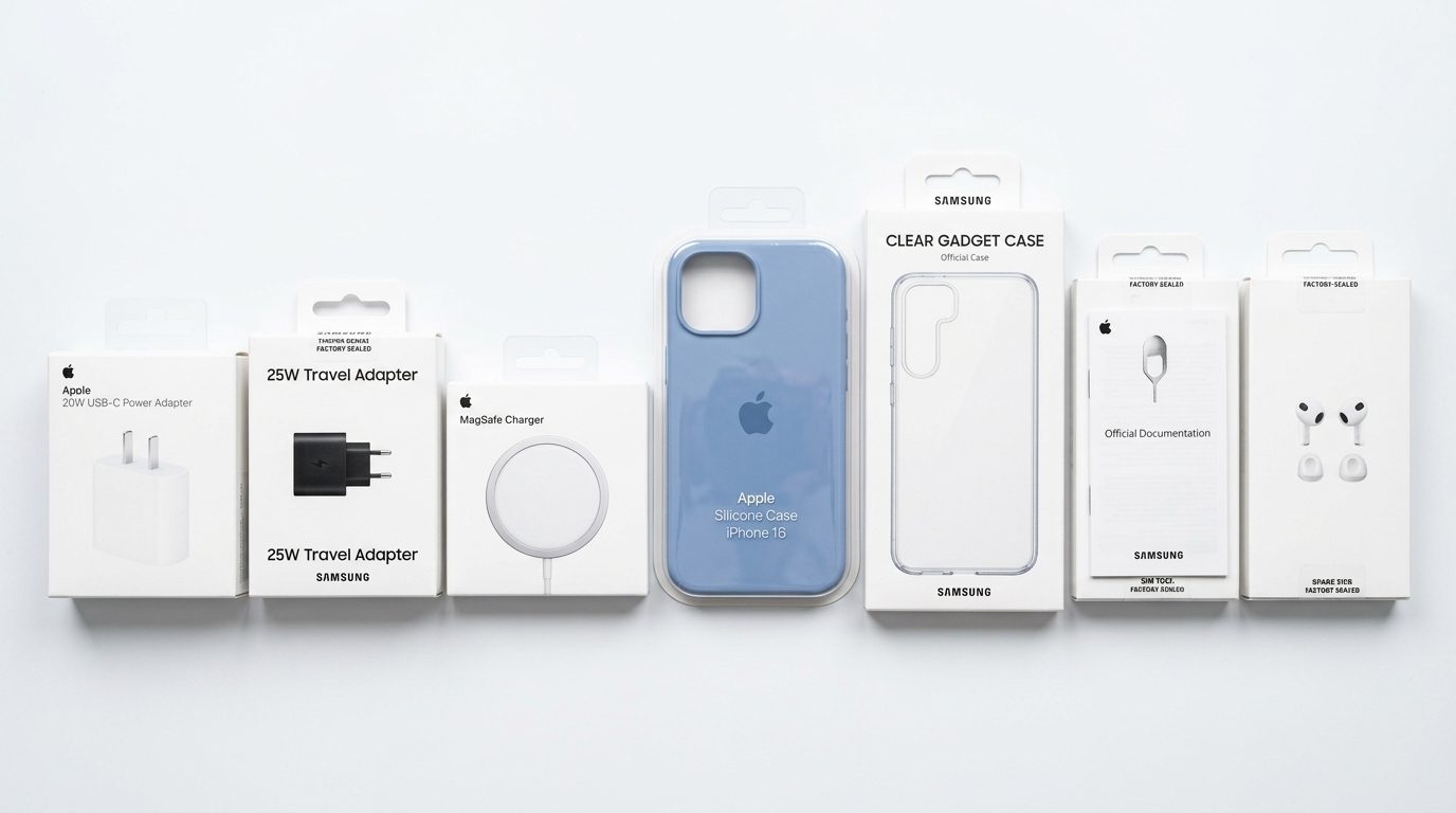 Original brand chargers, cases and accessories in retail packaging