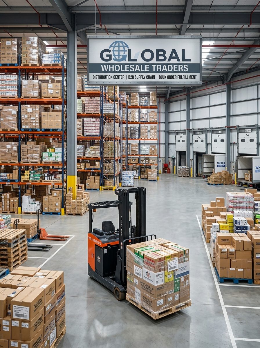 Forklift moving pallets inside a wholesale electronics warehouse